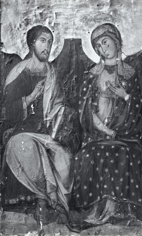Anonimo — Maestro delle Clarisse - sec. XIII - Cristo e Madonna in trono — insieme, prima del restauro 1947-1949